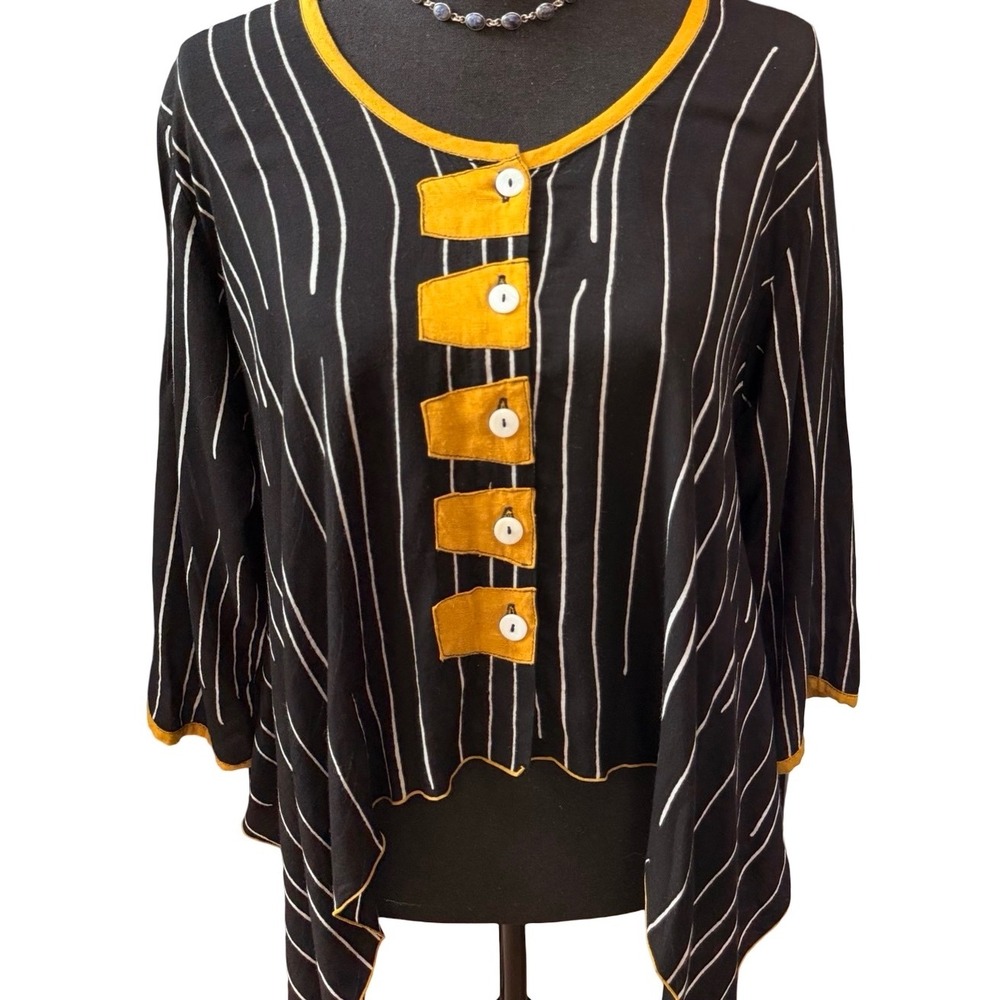 Lyng wearable art blouse Women's S Black Stripe Mustard Button Front Artsy Flowy